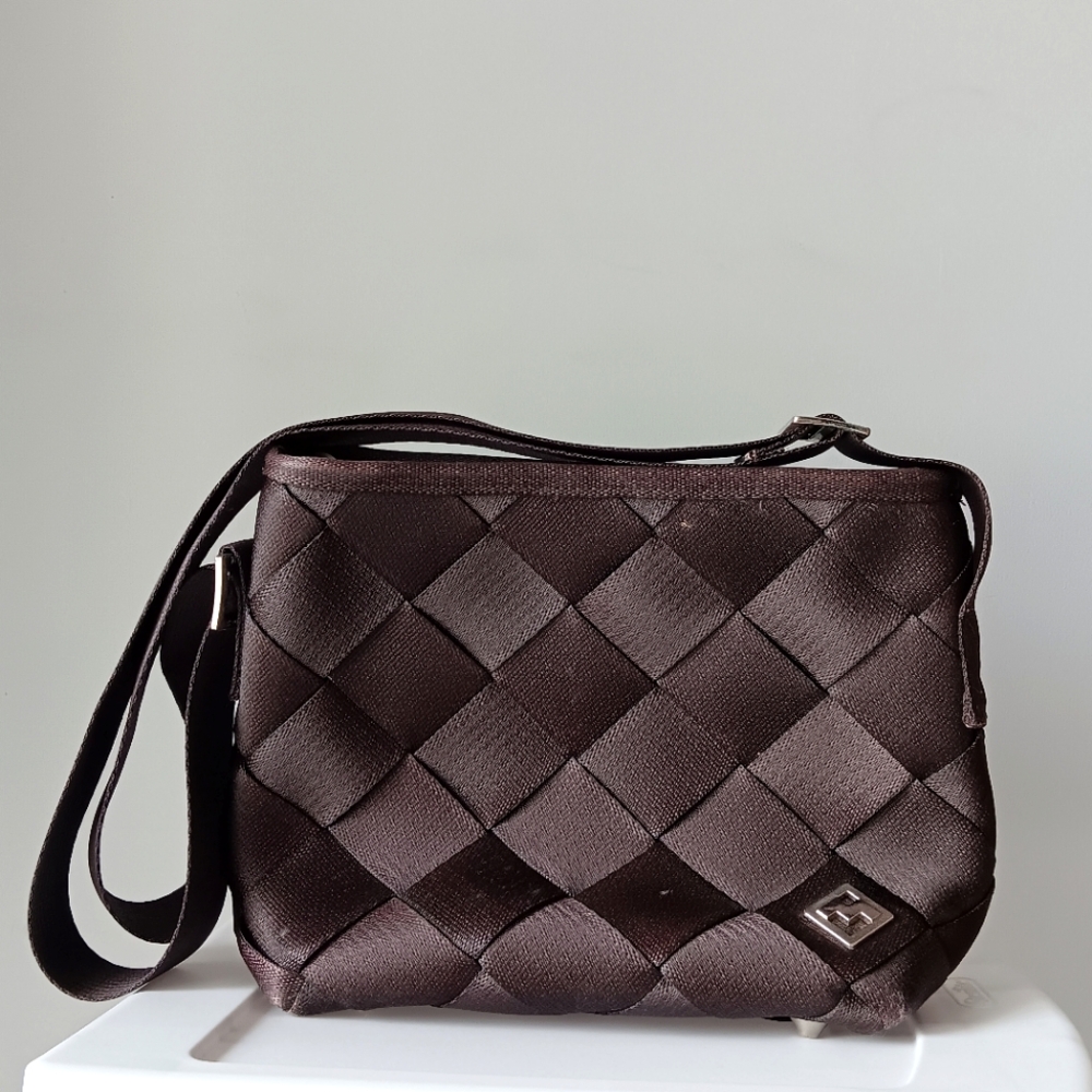 Maggie Bags Recycled Seatbelt Purse Shoulder Bucket Tote Espresso Brown Purple